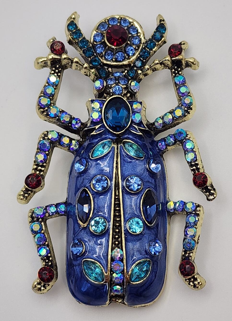 Large Blue Beetle Brooch Adorned with Multi Color Faux Jewels & Rhinestones
